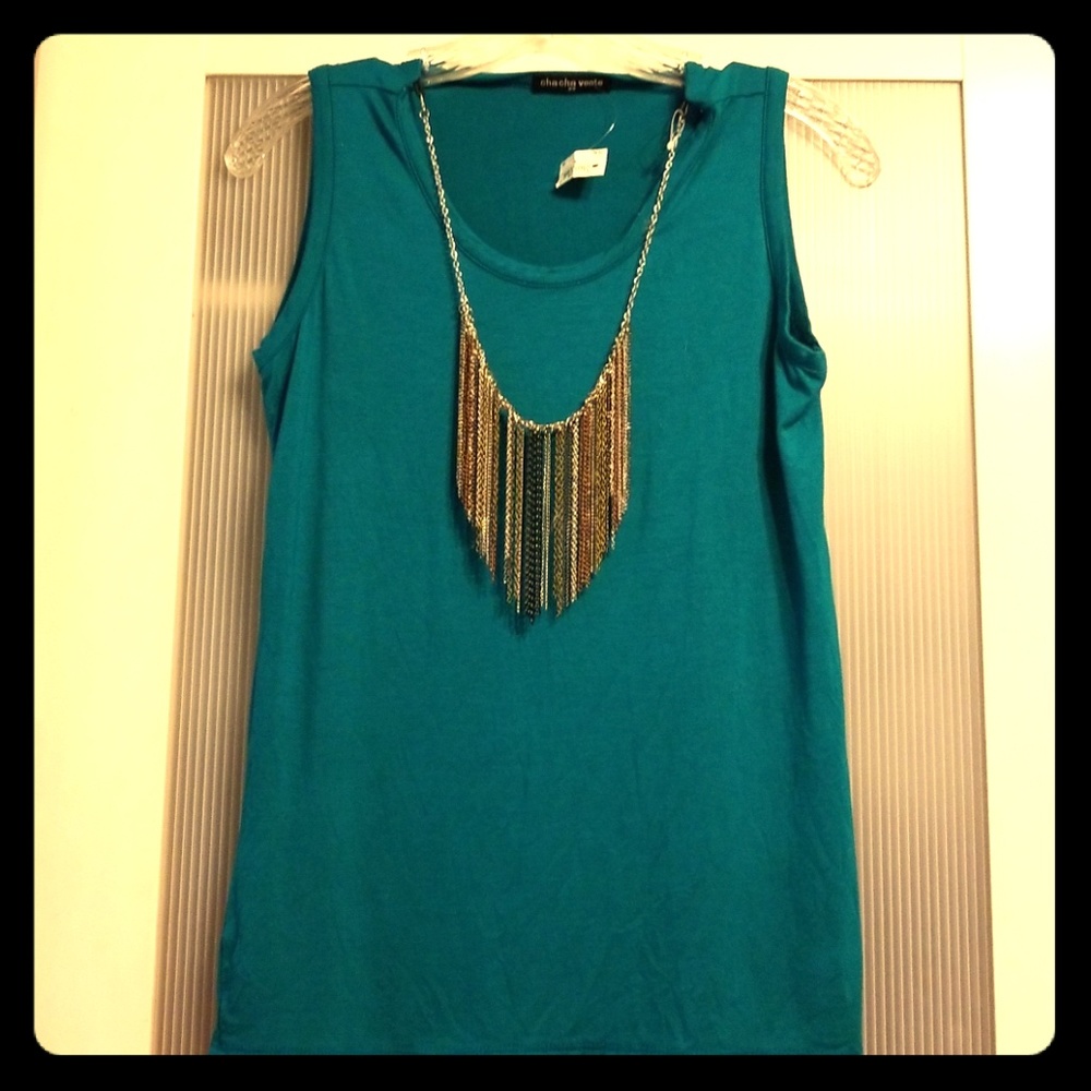 Teal Tank with attached Necklace